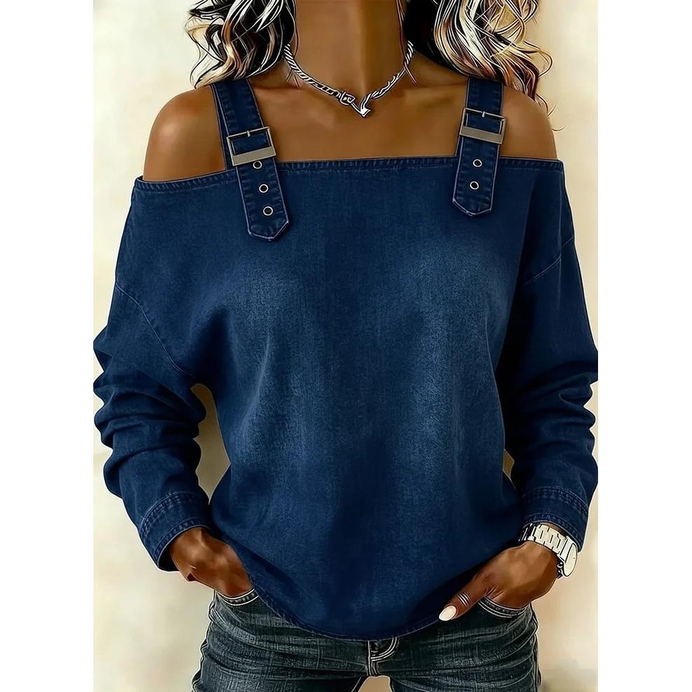 Tops Women Top Sexy Denim Off Shoulder Full Sleeve Casual Y2k Streetwear Backless Slash Neck Elegant Work Slim Fit 2026 Summer