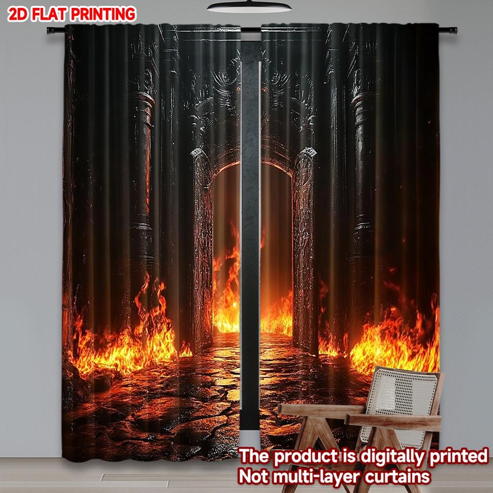Set Of 2 Modern Realistic Flame Curtains Digital Printing Dramatic Fire Road Scene Black Background Living Room Wall Decor Curtain For Great Made