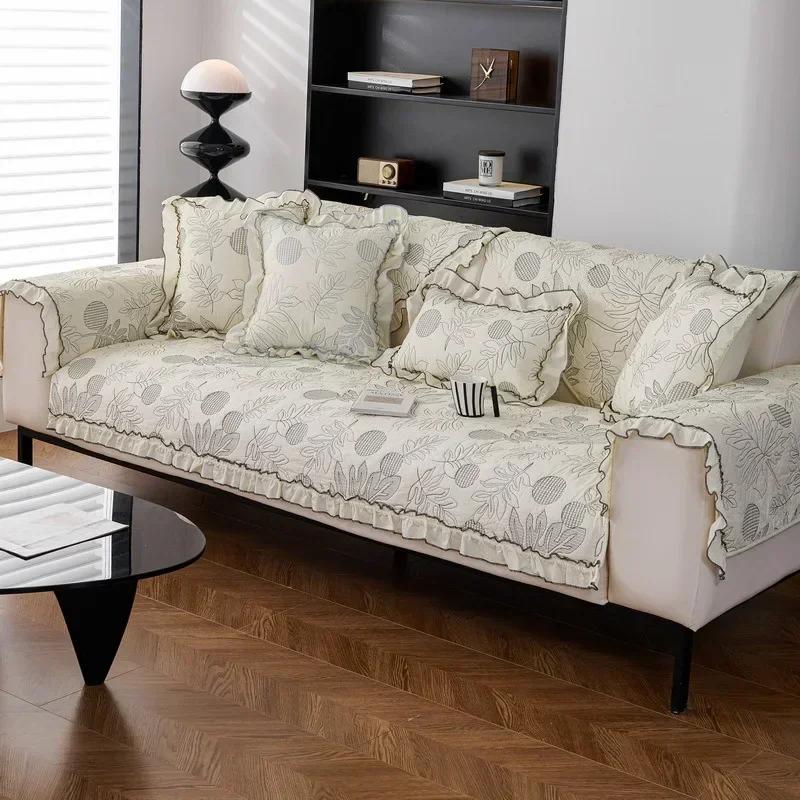 Cotton Sofa Cover with Ruffled Edges Floral Fresh Style Non-slip Sofa Cushion Four Season Universal Couch Protector Sofa Towel