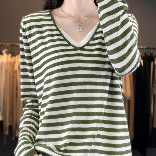 Women's Fashion Casual Stripe Print Autumn Winter Pullovers & Long Sleeves V-Neck Pullovers