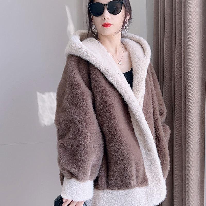 Kapuzenjacke aus kontrastfarbenem Nerz-Fleece-Pelzimitat für Damen mit integriertem, lockerem, dickem, warmem, langärmeligem Pelzmantel