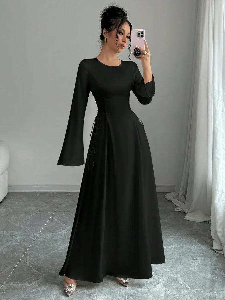 Women Elegant Solid Color Maxi Dress Round Neck Bell Sleeves Drawstring Ruched Waist Casual Formal Dress