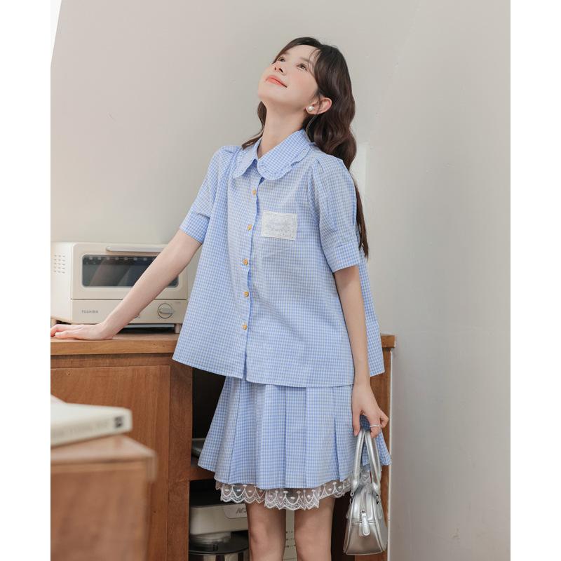 Summer College Sweet Sea Salt Blue and White Grid Temperament Lace Shirt Bust Pleated Skirt Two-piece Set