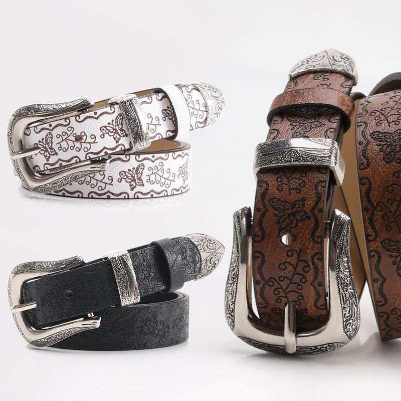 Western Style Embossed Leather Belt with Decorative Metal Buckle and Tip for Men and Women Casual and Formal Wear