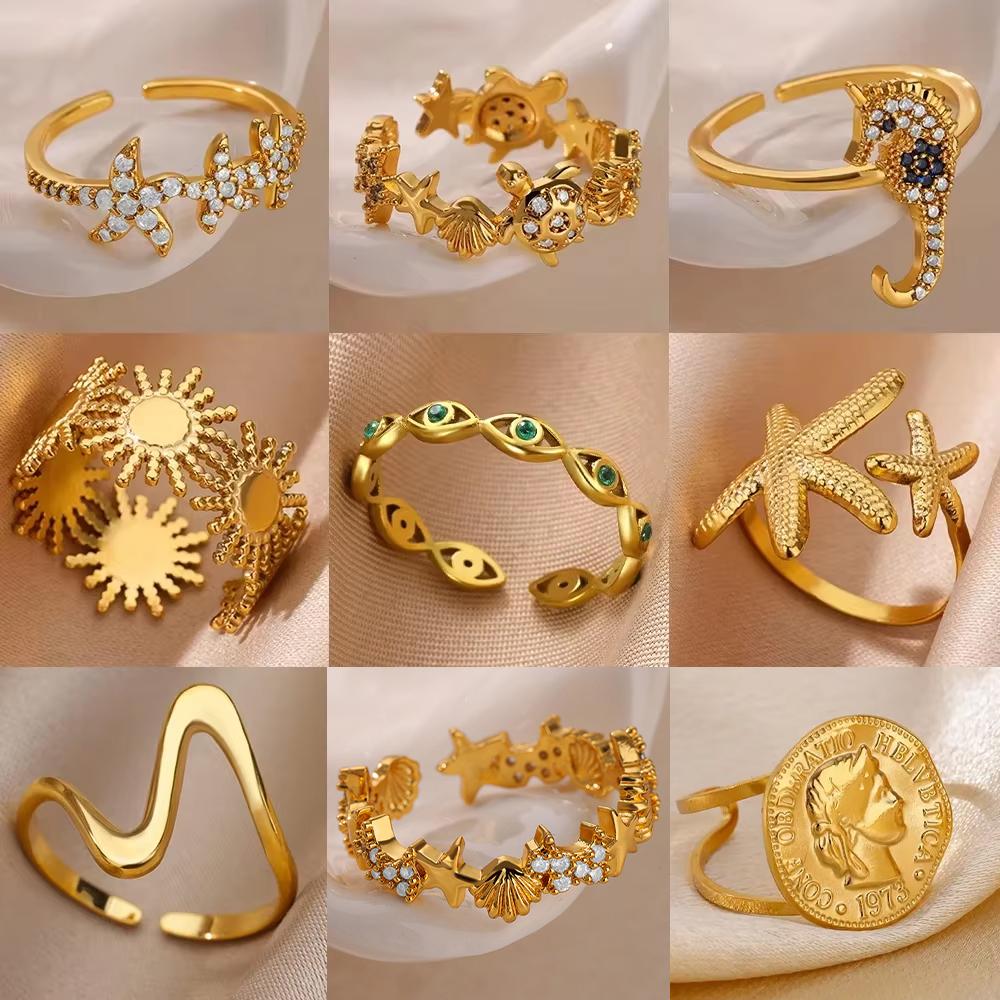 Dainty Zircon Shell Starfish Turtle Evil Eye Rings Stainless Steel Ring Women Anti Fading Golden Charm Zircon Accessories Gifts
