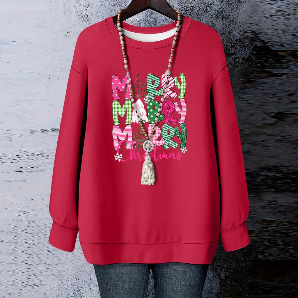 Damen Weihnachts-Print Rundhals Langarm T-Shirt Sweatshirt Oberteil