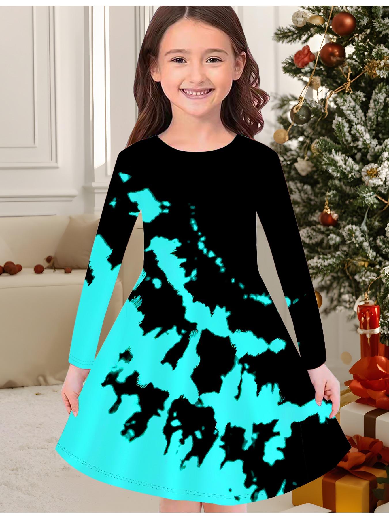 

Girls Autumn and Winter Fashion Dress, 3D Abstract Pattern Print Round Neck Long Children s T-shirt Dress, Casual Versatile, Christmas Clothing 170
