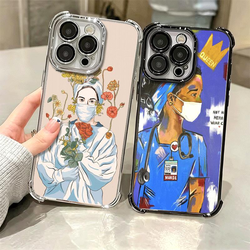 Doctor Nurse Cartoon Plating Phone Case For Iphone 16 17 Pro Max Air 16E 14 15 Plus 12 13 Mini Anti-Fall Airabag Cover