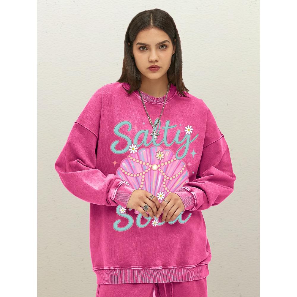 Salty Soul Beautiful Shell Design Womens Washed Sweatshirts Cotton Loose Pullovers Casual Streetwear Autumn Clothes
