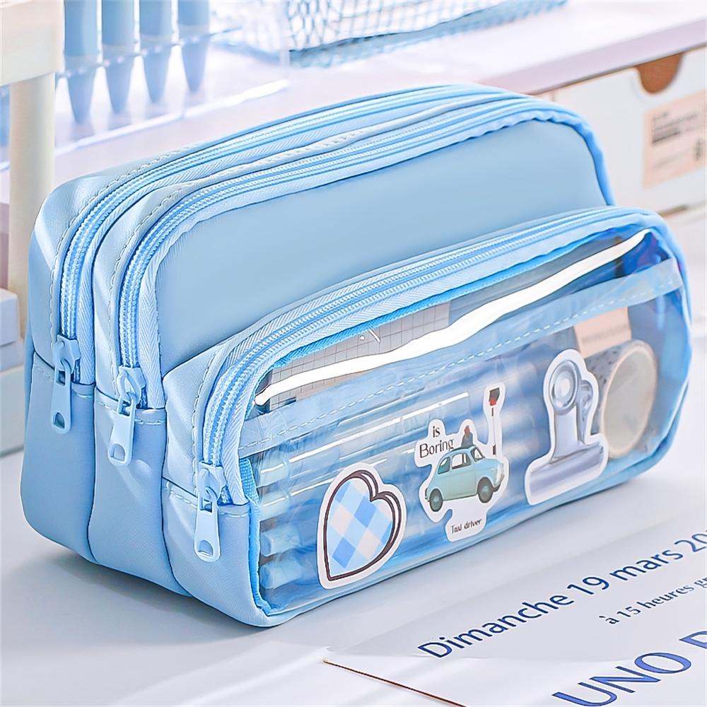 Large Light Color Multi-Compartment Pencil Case Durable with Clear Window Portable Cosmetic Bag for Stationery