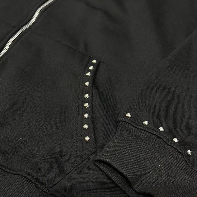 Unisex Embroidered Rivet Fleece-Lined Hooded Sweatshirt