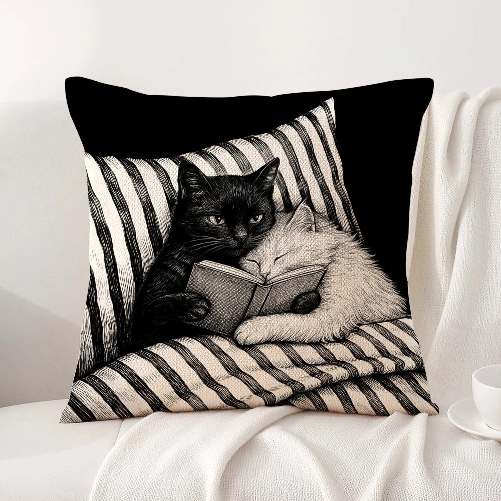Couple cats Cushion Cover Natural Linen Organic Fabric DoubleSided Printing Sofa Home Decor Breathable Bed Pillow