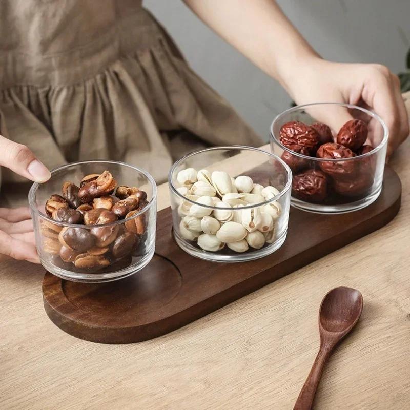 Japanese Dried Fruit Plate Glass Storage Bottle with Wooden Tray Lid Nut Fruit Snack Compartment Tray Household Snack Tray