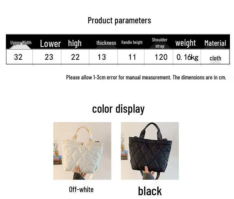 Autumn/Winter 2023 Women's Argyle Down Tote Bag - Large Capacity for Commuting, Shopping & College Students