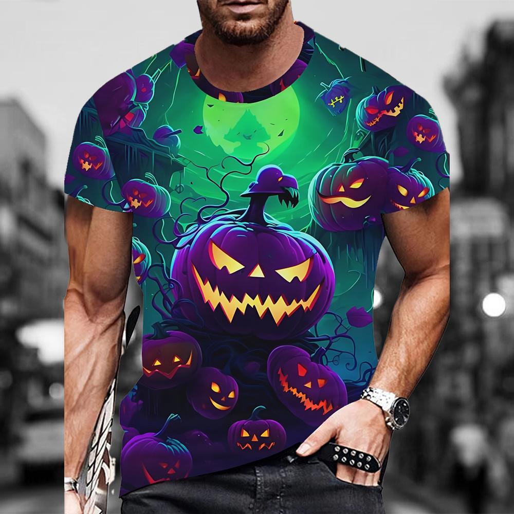 Men's T-shirt Short Sleeved Halloween 3D Pumpkin Skull Pattern T-shirt Fashionable and Funny T-shirt Casual Loose Halloween Party Top