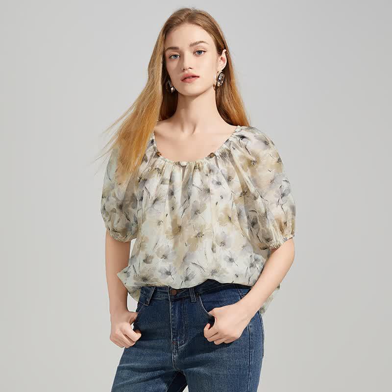 

Women s Loose Chinese Ink Wash Floral Short Sleeve Shirt L