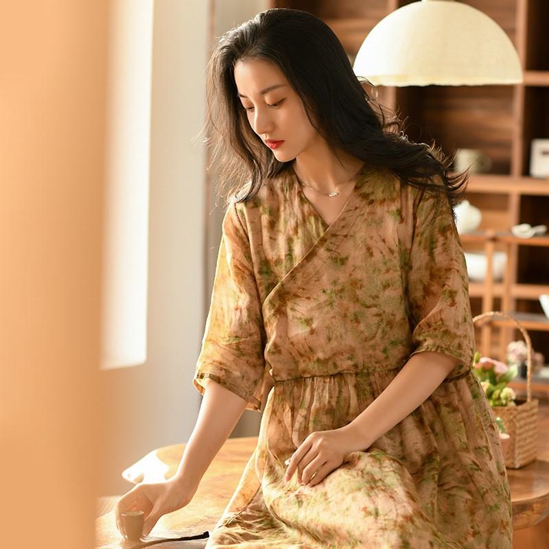 Johnature Women Vintage Print Floral Dress High Quality V-Neck Half Sleeve Robes Summer Women A-Line Dress