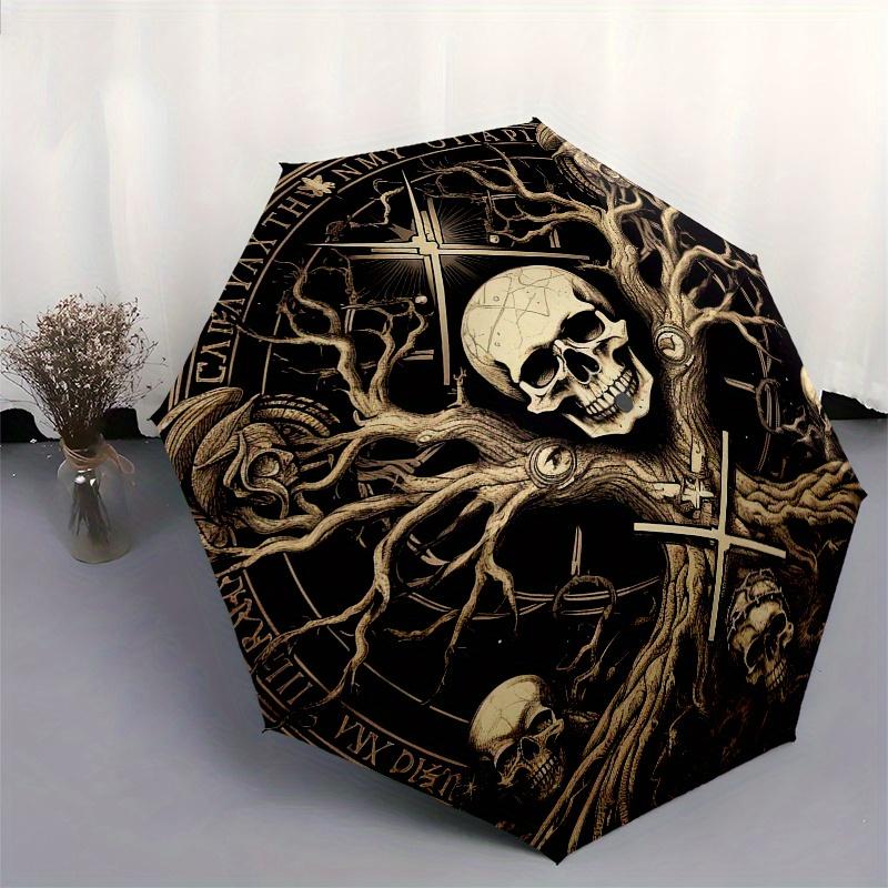 Dark Tree of Life: Skulls & Symbols Circular ArtworkUmbrella, Portable 3-Fold Compact Umbrella for Men & Women Gift