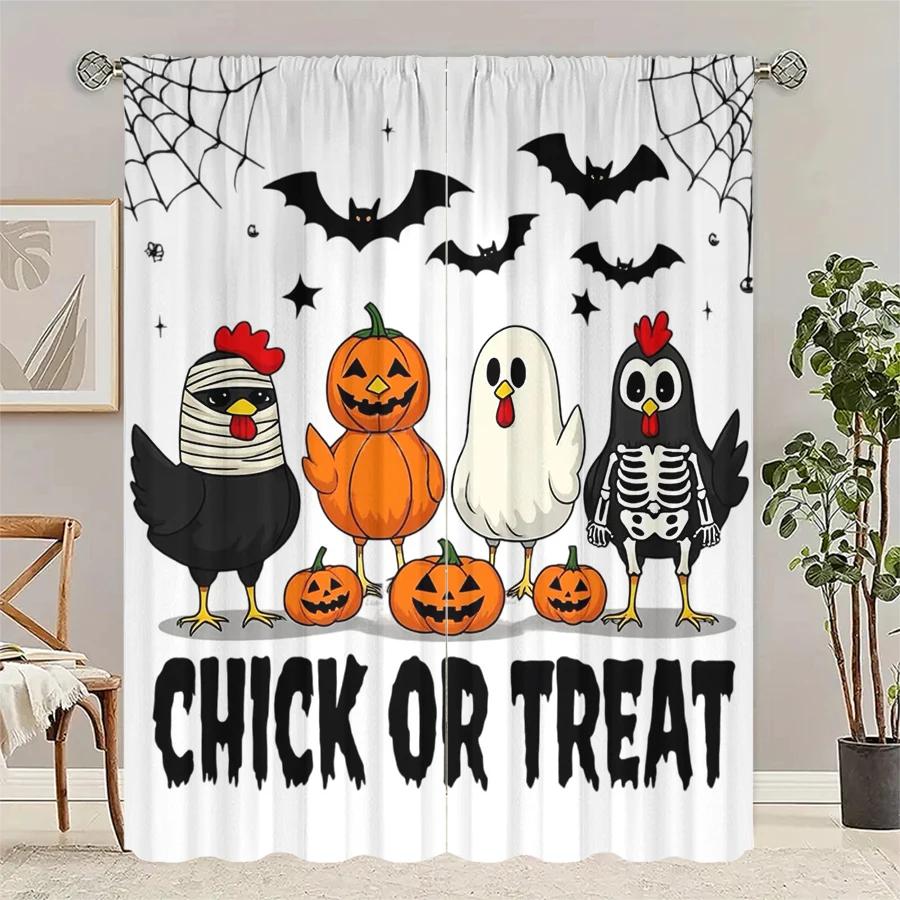 

Set Of 2 Pumpkin Bat Print Curtains Pole Bag Christmas Decorations Daily Home Room Curtain Polyester W100*H70(CM)-Hooks&1PCS