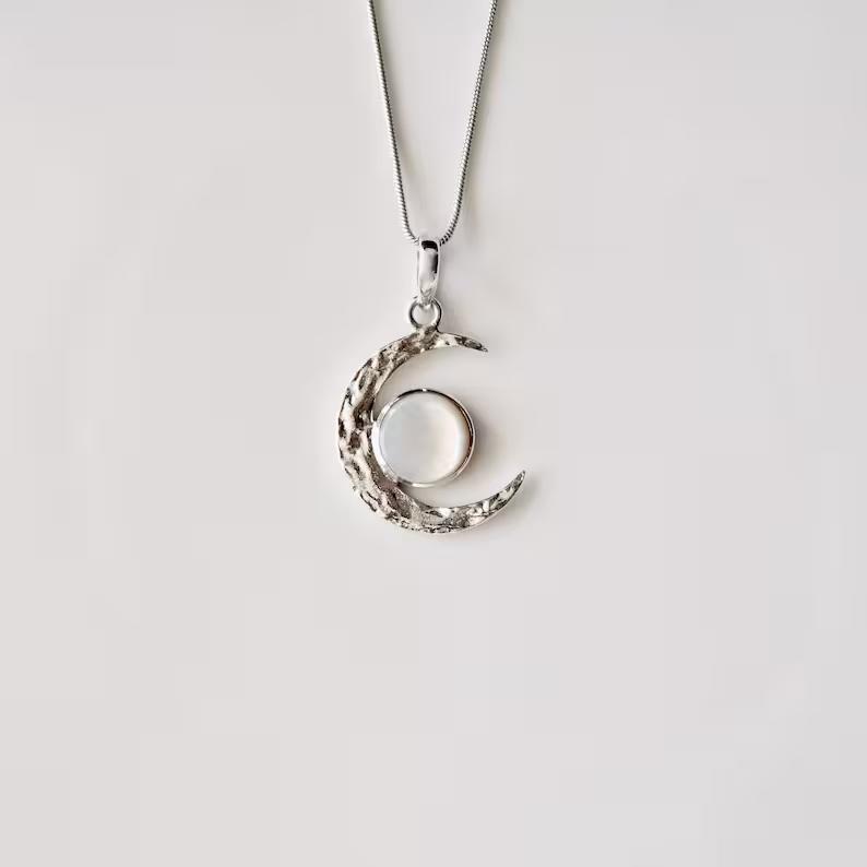 Mother Of Pearl Pendant Moon Celestial Necklace 925 Sterling Silver Pendant For Mother Wife Or Fiance