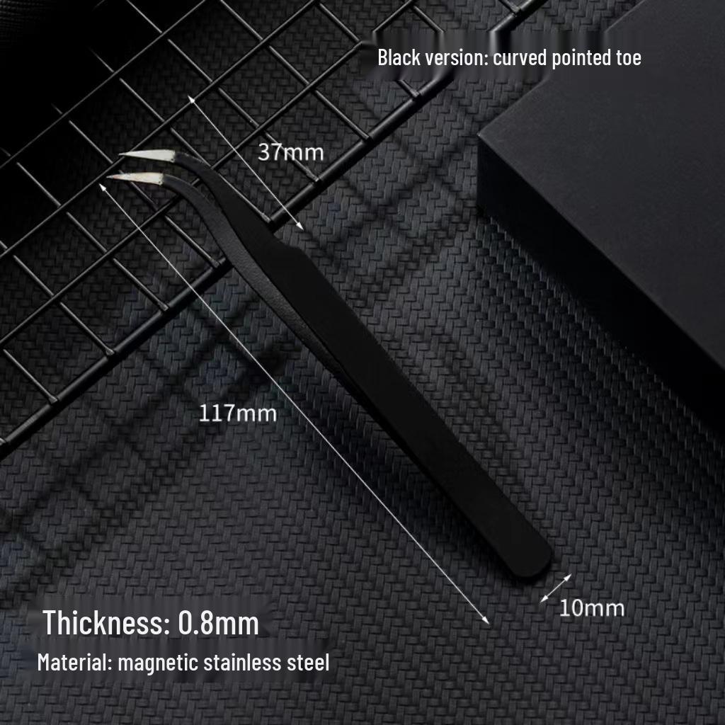 Black Anti-Static Stainless Steel Curved Tip Tweezers Set for Nail Art, Journaling, and Repairs