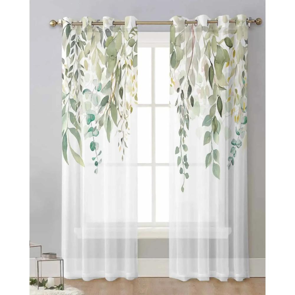 Frühlingsaquarell Pflanze Eukalyptusblätter Transparente Vorhänge für Wohnzimmerdekoration Fenstervorhang Küche Tüll Voile Drapierungen