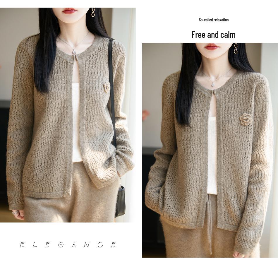 2025 Women's Shawl Style Sweater Cardigan: Round Neck, Hollow Out, Loose Fit, Versatile Long Sleeve, 100% Wool Outerwear