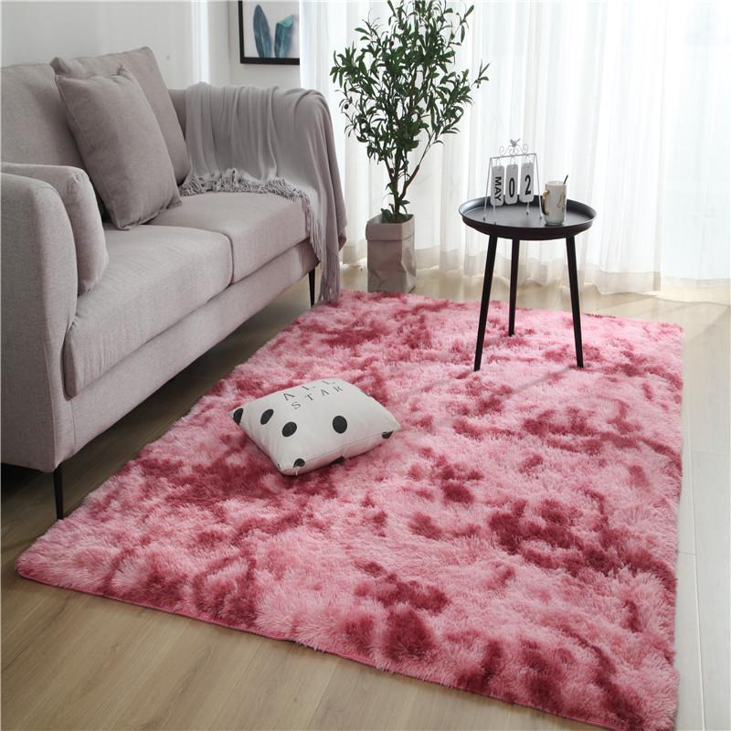 Silk and Wool Tie-Dye Plush Long-Pile Rug for Bedroom and Living Room