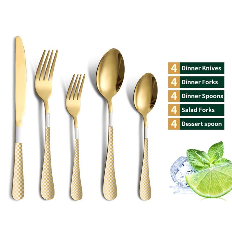 Set de tacâmuri cu model în carouri, finisaj în oglindă, cu margine netedă, set de linguri pentru furculiță din oțel inoxidabil