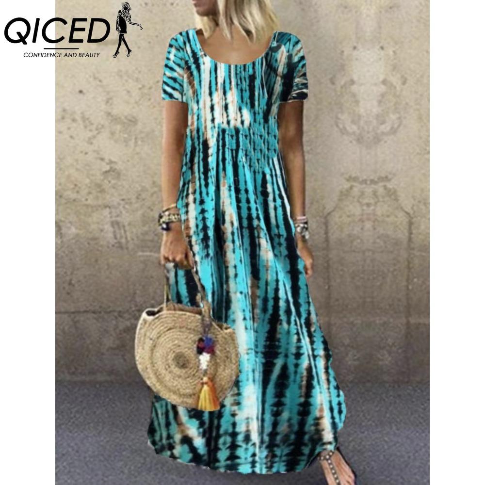 QICED S-5XL Women Fashion Summer Spring Casual Short Sleeve O-Neck Dresses