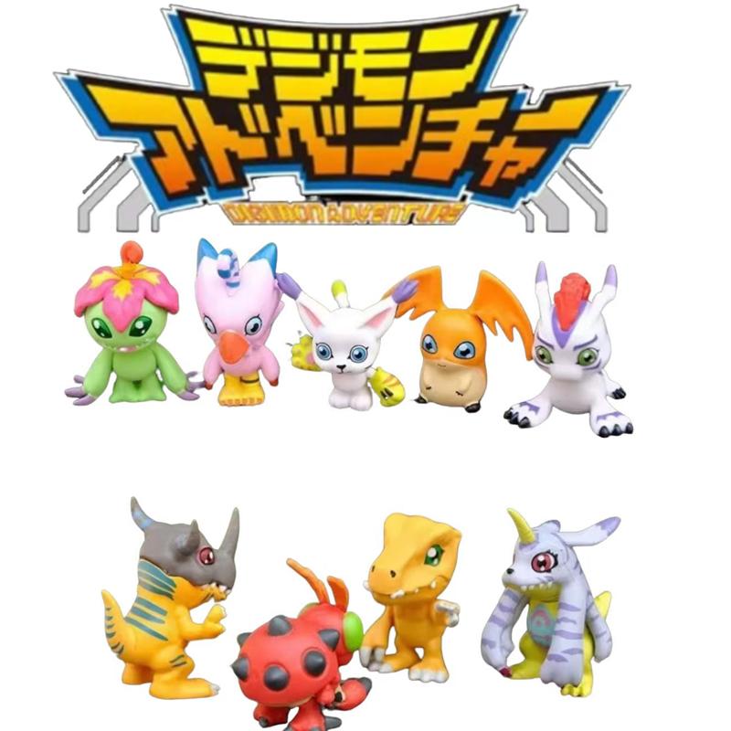 9-piece set of cute Japanese Digimon Adventure anime figures, including Agumon, Patamon, and Gabumon. PVC tabletop figurines.