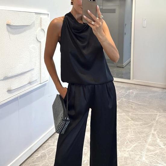 Women 2 Piece Satin Outfits Halter Neck Sleeveless Top And Wide Leg Pants Set Casual Vocation Lounge Set