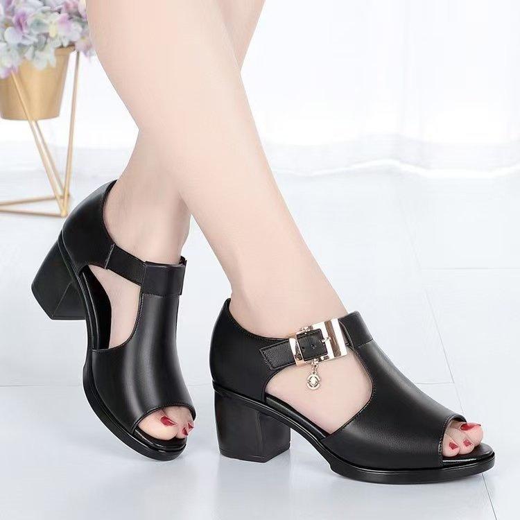 Soft leather fish mouth sandals summer Roman thick heels medium heel thick shoes