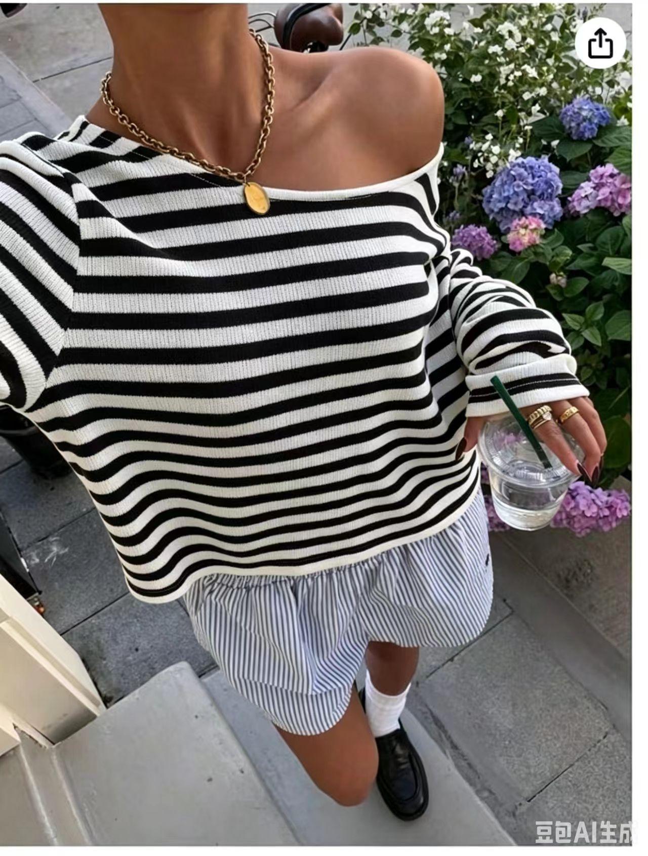 Womens Loose Striped Knit Long Sleeve Cropped Top S