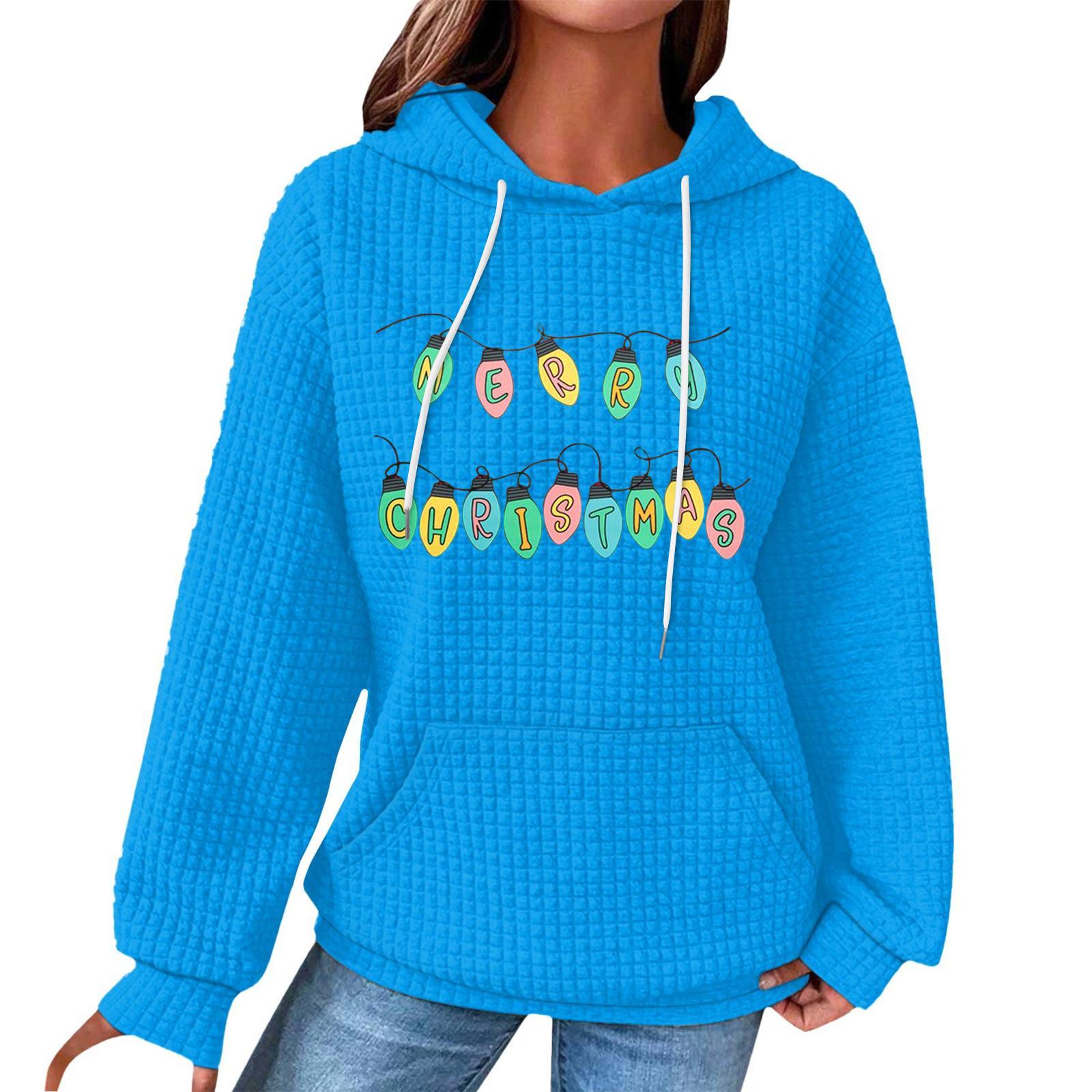 

Женский модный свободный пуловер с капюшоном, длинными рукавами, клетчатый свитшот с кулиской, со спущенным плечом, карманом, рождественским принтом XXXL синий