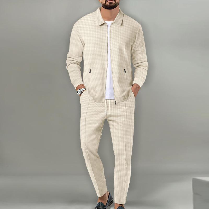 Men Waffle Texture Zipper Pocket Turn Down Collar Slim Fit Jacket Pants Set