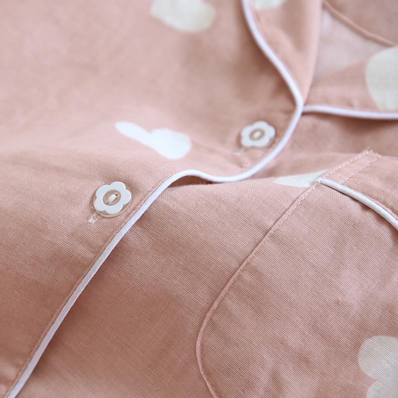Women's Long Sleeve Cotton Pajamas - Heart Pattern, Double Layer Gauze, Sweet & Cozy Homewear Set for Spring/Autumn
