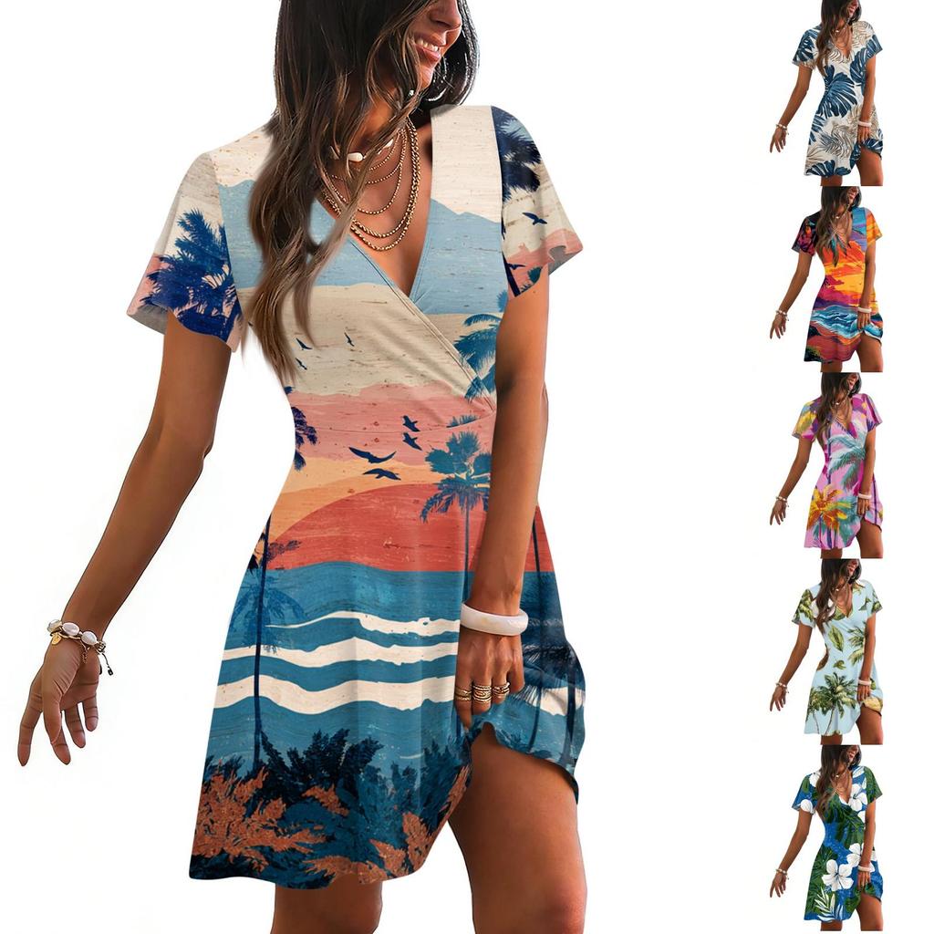 Women's Casual Short Sleeve Dress V Neck Wrap Style Tropical Print Summer Beachwear Lightweight Comfortable Fit