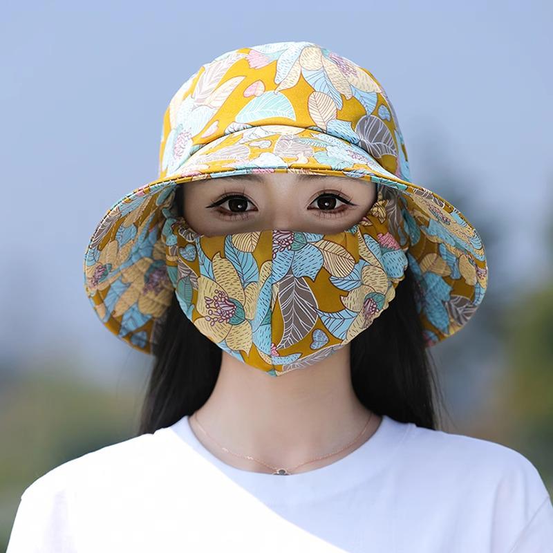 Floral Sun Hat with Integrated Face Mask for Summer Field Work