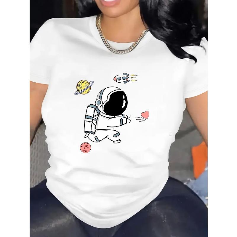 Women'S Athletic Wear Featuring A Stylish Round-Neck Short-Sleeve T-Shirt with A Cartoon Astronaut Design