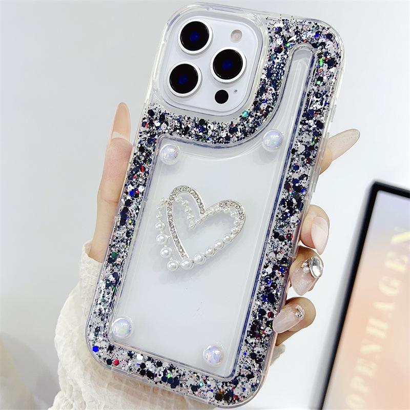 Heart-Shaped Glitter Rhinestone Transparent iPhone 16 Case, Compatible with Models 11-15