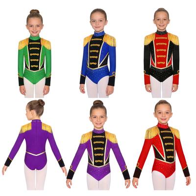Children‘s Circus Themed Leotard Sparkly Rhinestones Long Sleeve Tassel Shoulder Pads Contrast Color Bodysuit for Stage Performance