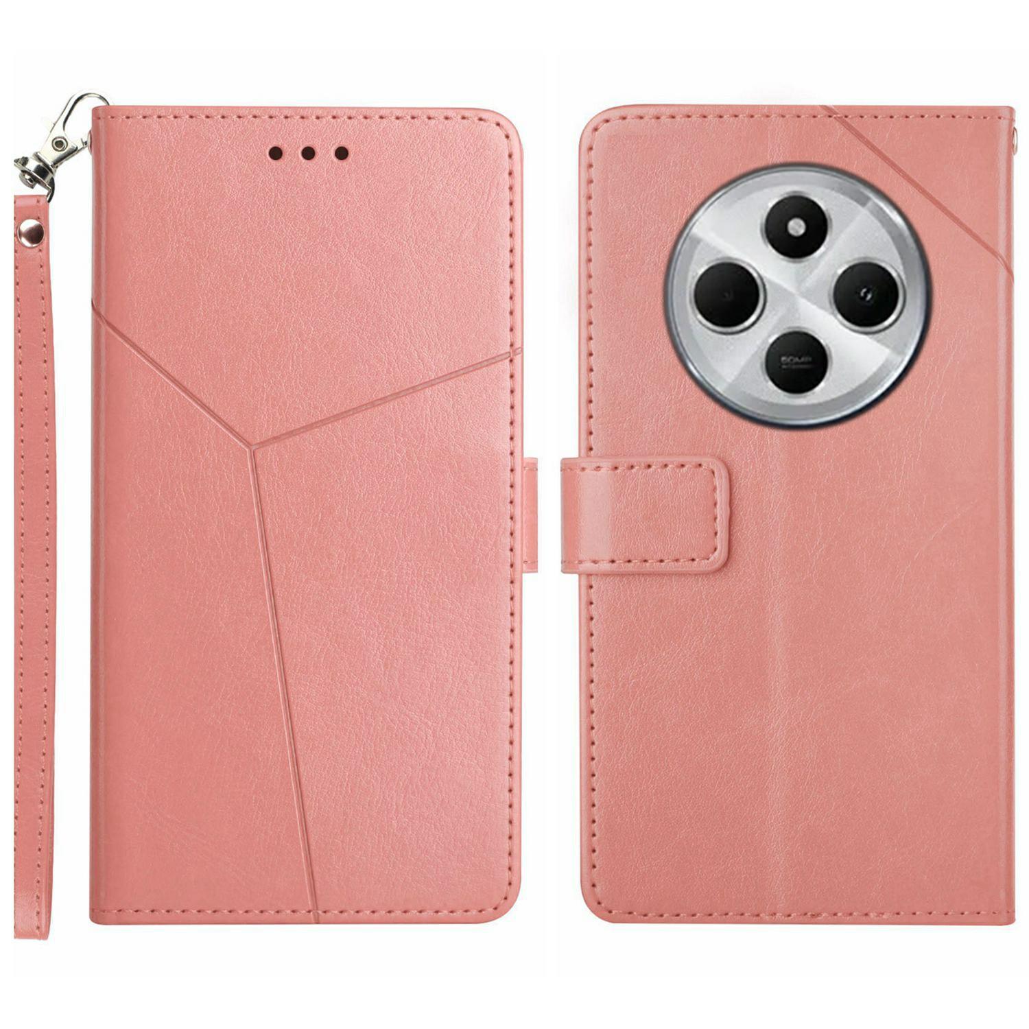 

For Xiaomi Poco C75 4G/Redmi 14R 5G/14C 4G Case with Wrist Strap Y Shaped Lines Imprint Leather Phone Cover Pink