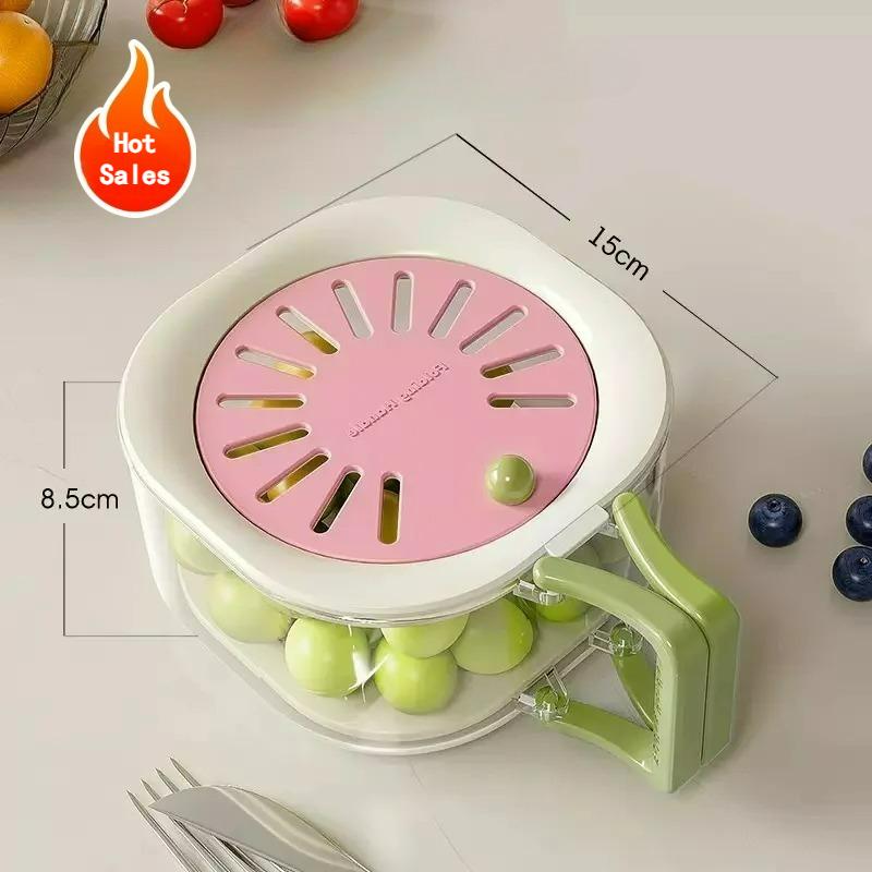 Kitchen Fridge Salad Container, 2in1 Double Layer Fruit Drainer Container with Foldable Handle, Fruit Washing Bowl with Strainer