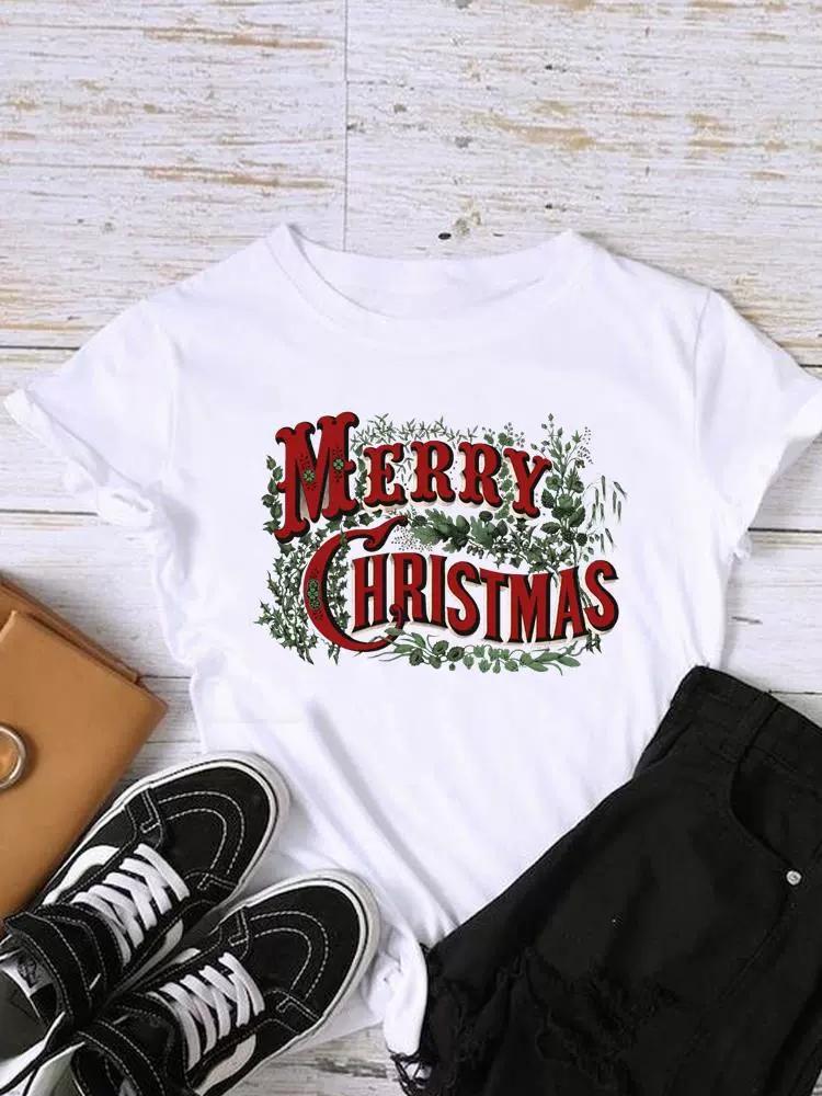 Christmas Womens Round Neck Short Sleeved Christmas Tree Reindeer Print Womens Loose Oversized Comfortable White Tshirt