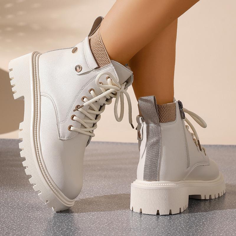 Fashion Winter Warm Thicken Plush Ankle Boots Women Fashion Lace Up Platform Combat Boots Woman Comfort Zipper Pu Leather Short Booties