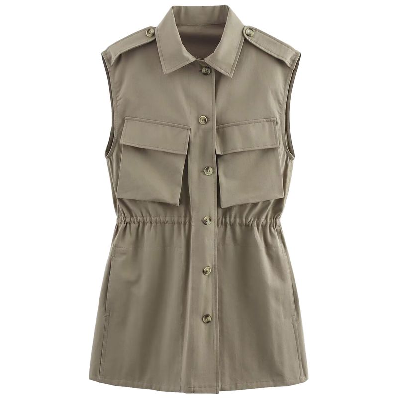

Zaprha 2025 New Work Clothes Cool Rustling Pocket Sleeveless Lapel Short Dress Small 8197085 Tan L