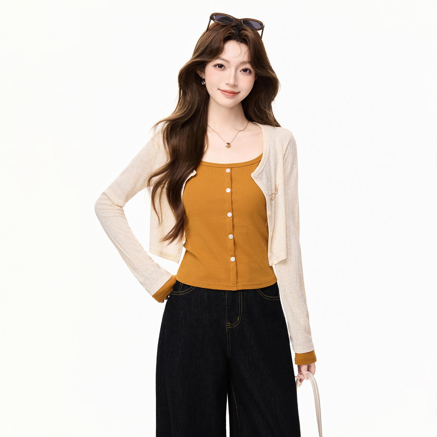 

Spice Girl letter print knitted cardigan women s summer thin air-conditioning blouse long-sleeved T-shirt two-piece set S оранжевый