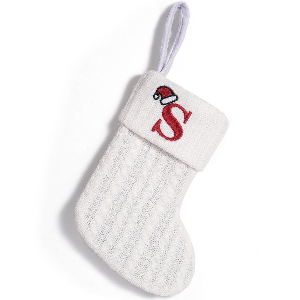 Cross-Border White Knitted Christmas Stocking with Letter Embroidery – Decorative Gift Bag Ornament.