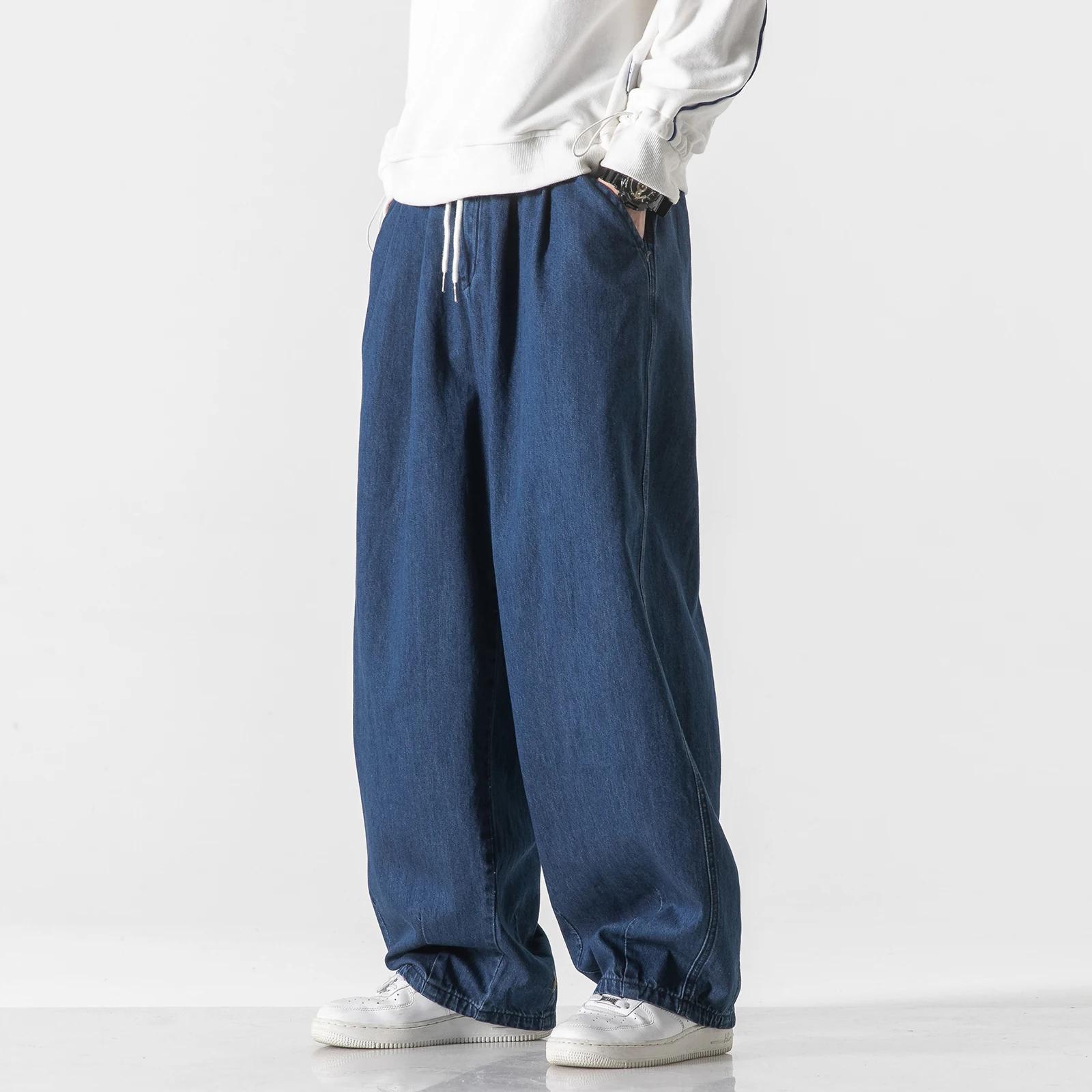 

Spring Men Loose Wide Leg Pants Men Vintage Elastic Waist Jeans Male Hip Hop Cotton Solid Color Trousers S темно-синього кольору